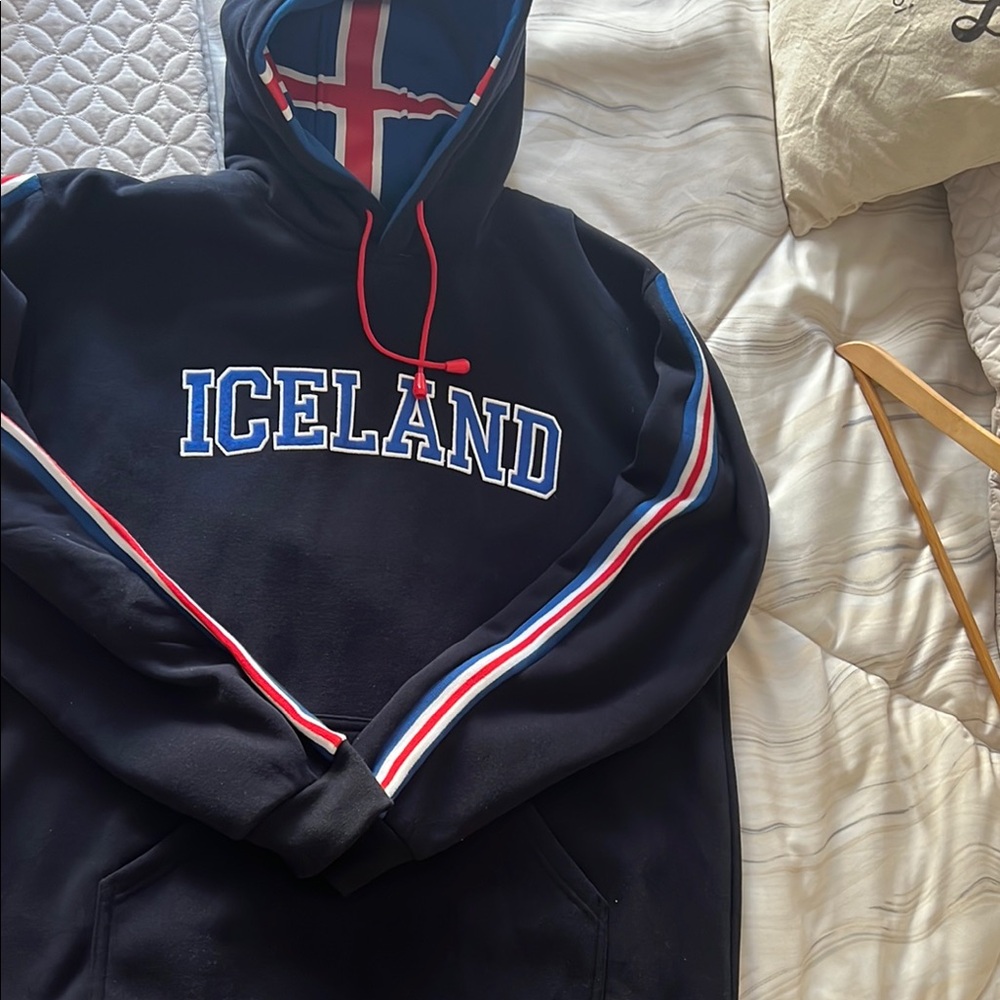 Iceland Black Hoodie with Red and Blue Stripes